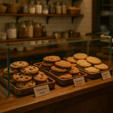 Chocolate chip cookies in a glass box on the counter of a cafe