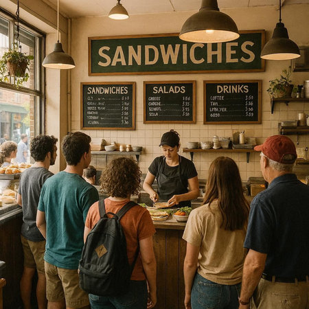 Diverse people at a coffee shop in San Diego, California.