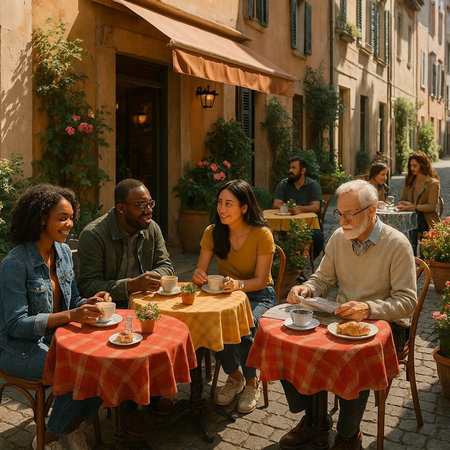 Group of friends having a coffee in a cafe in Rome, Italy