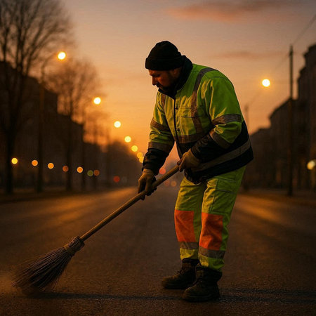 Worker cleans the street with a broom in the city at night