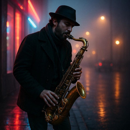 Man playing the saxophone in the foggy city at night.