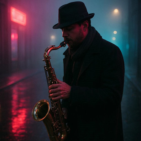 Man playing the saxophone on the street in a foggy night