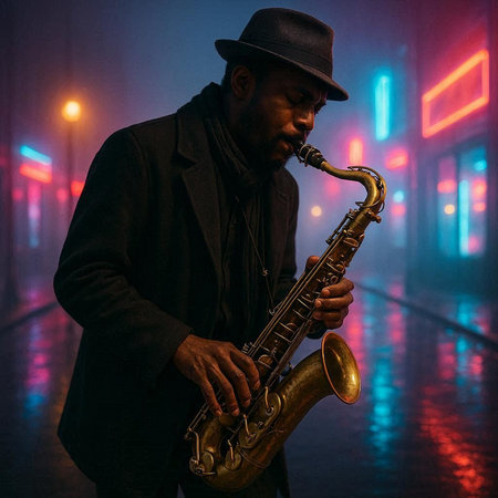 African american jazz musician playing the saxophone in the street at night