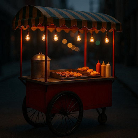 Street food cart with cookies and candies in the city at night