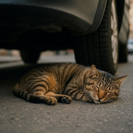 Cute cat sleeping on the asphalt under the car. Animal concept.