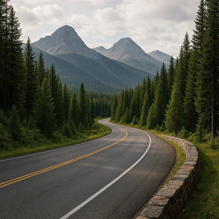 Road in the mountains. Beautiful landscape with asphalt road and pine trees