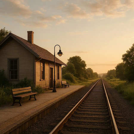 Railway station at sunset, with a bench and a lantern.