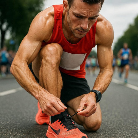Running athlete tying shoelaces on his shoes. Close-up.