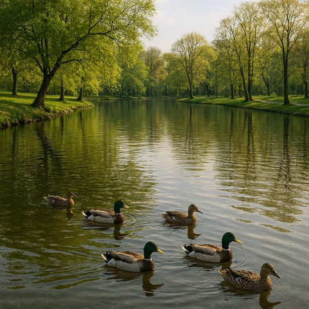 Ducks swimming on the river in the park. Spring landscape.