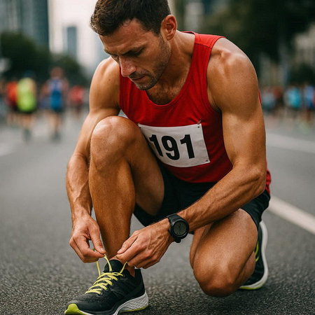 Marathon runner tying shoelaces on his shoes before the race