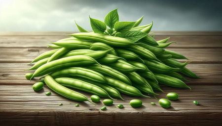 Fresh green beans with leaves on wooden table. Healthy food background.