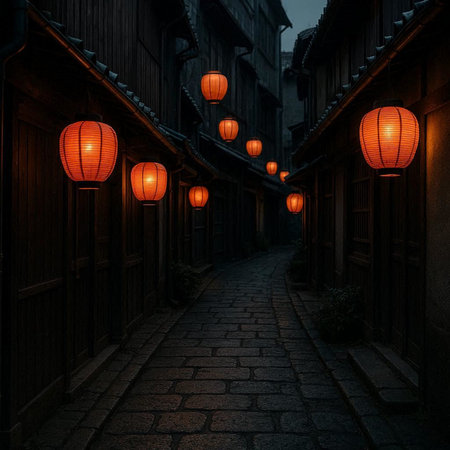 Chinese street at night with lanterns in Suzhou, China.