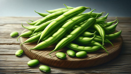 Fresh green beans on a grey wooden background. Vegetarian food.