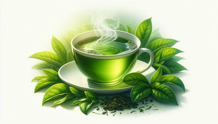 Green tea with green leaves on a white background with space for text