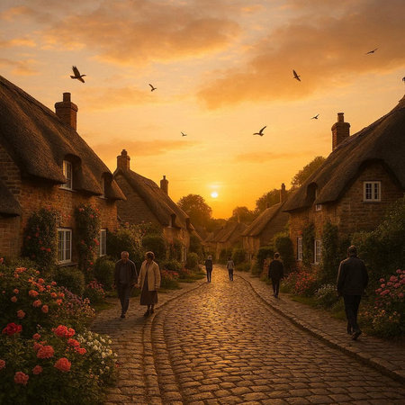 Cobblestone street in Cotswolds, Gloucestershire, UK