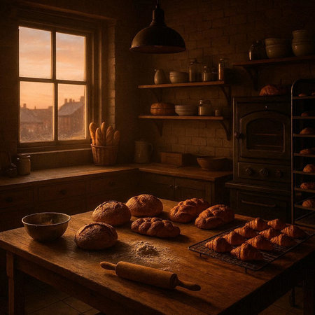 Bread in a rustic kitchen with a view of the city