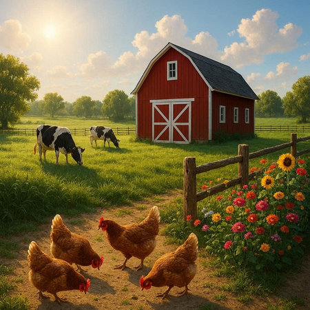 Rural landscape with a red barn and a flock of hens