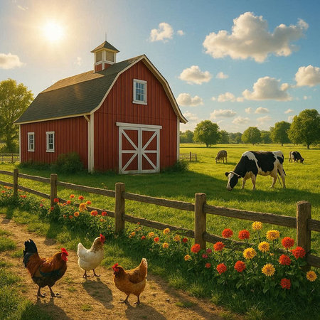 Rural landscape with a red barn, hens and cows.