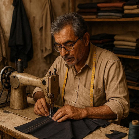 Elderly tailor working on a sewing machine in his workshop.