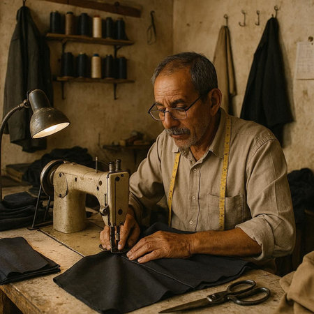 Portrait of a senior man sewing on a sewing machine in his workshop