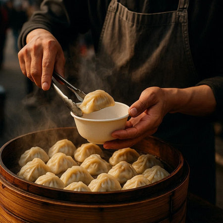 Chinese steamed dumplings in bamboo steamer on street food market