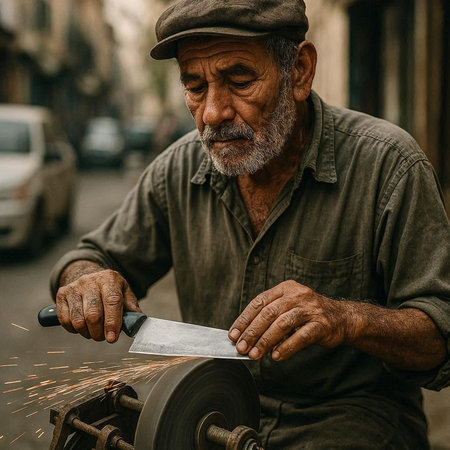 Old man cutting a piece of metal with a grinder in the street.