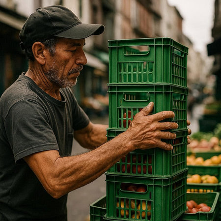 Handsome mature Caucasian man in black t-shirt and cap holding green plastic crate full of fresh fruits and vegetables.