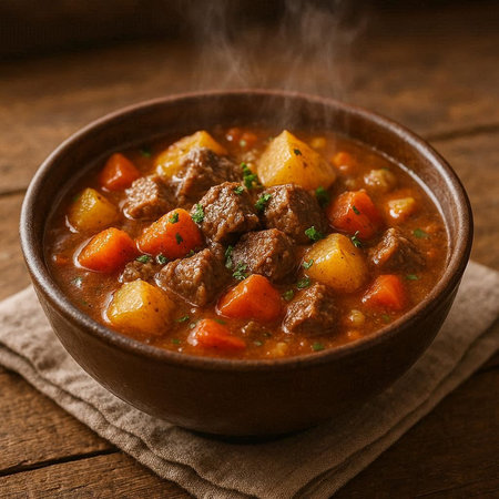 beef stew with potatoes and carrots in a bowl on wooden background