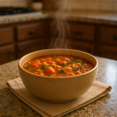 Vegetable soup with chickpeas in a bowl on the table