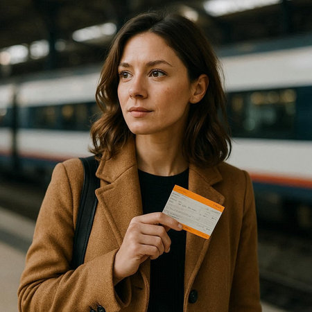 Portrait of a young woman with a boarding pass at the train station