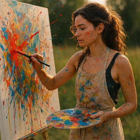Portrait of beautiful young woman artist with paintbrush and palette outdoors