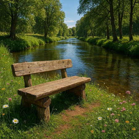 Wooden bench on the bank of a small river in the park