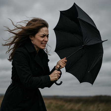Woman in raincoat holding black umbrella on cloudy sky background, vertical picture