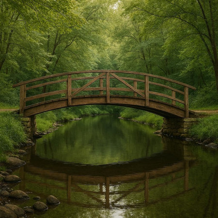 Wooden bridge over the river in the green park, 3d render