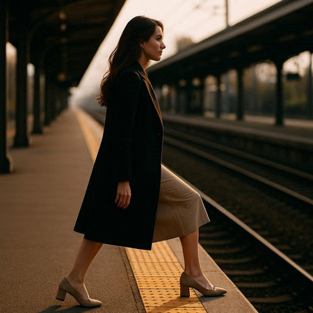 Portrait of a beautiful young brunette woman with long hair in a black coat and beige skirt on the...