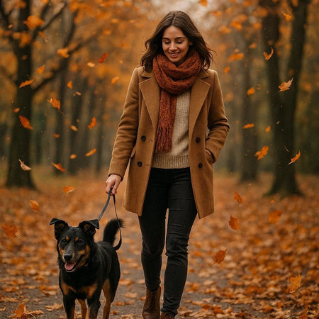 Beautiful young woman walking with her dog in the autumn park.