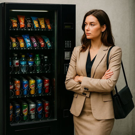 Portrait of young business woman standing near vending machine with cola cans