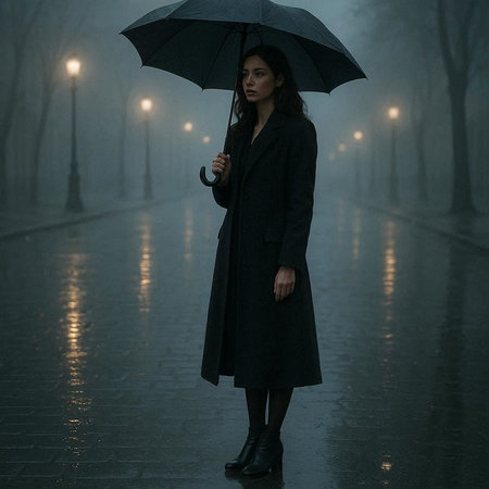 Young woman with umbrella walking in the foggy street at night.