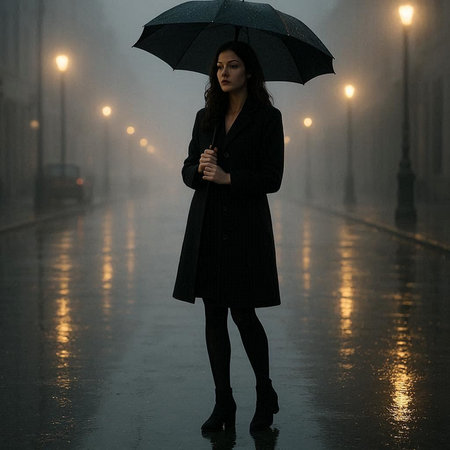 Young woman with umbrella in foggy city street at rainy day.