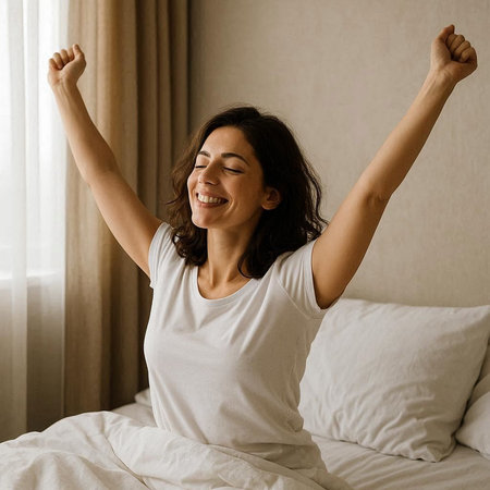 Happy young woman waking up in the morning and stretching in bed.