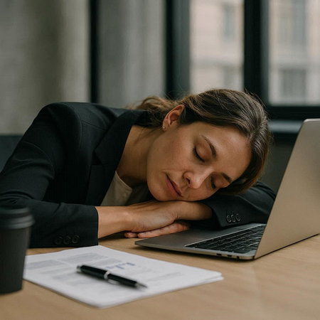 businesswoman sleeping at workplace with laptop and coffee to go in office