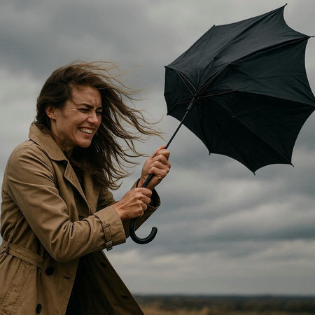 Portrait of a happy woman with umbrella in the rain. Outdoors.