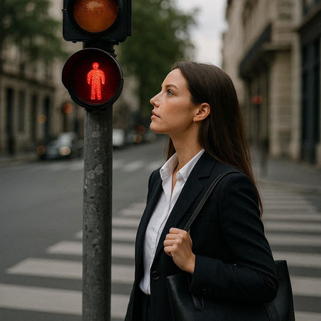 Young business woman in black suit with red traffic light in the city.