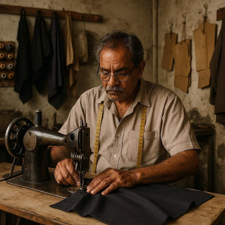 Old man working with sewing machine at his workshop. Old fashion designer.