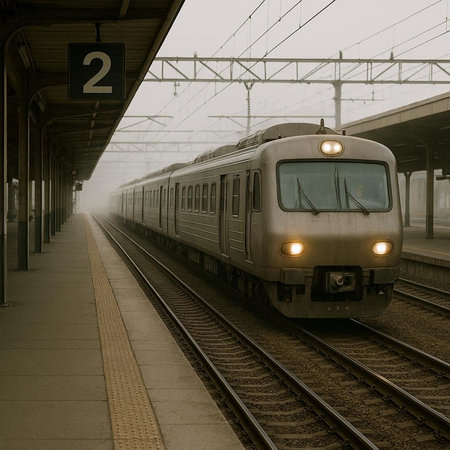 Train on the platform of the railway station in a foggy morning