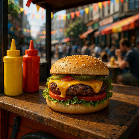 Hamburger on a wooden table in the street. Fast food.