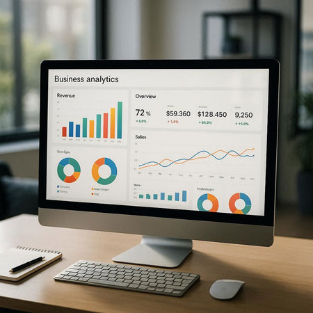 Business Graph Analysis Statistics Information Report Concept. Modern Computer Monitor Screen.