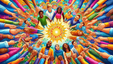 Group of Indian people holding hands around the sun. Vector illustration.