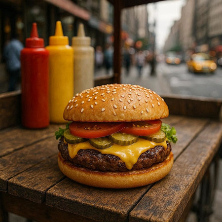 Cheeseburger on the wooden table in the street. Fast food.