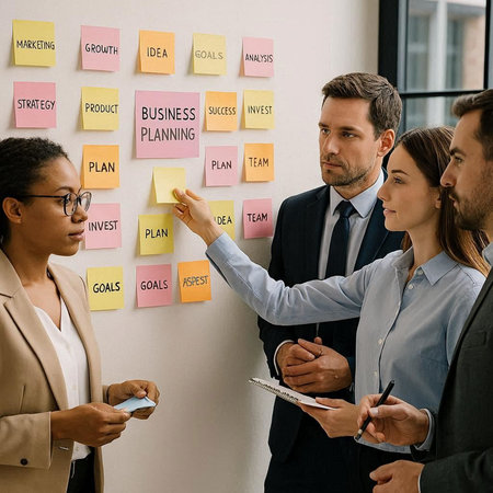 Group of multiethnic business people looking at sticky notes on wall in office